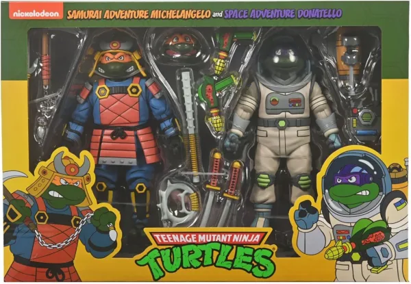 Figura neca teenage mutant ninja turtles space adventure donatello & samurai adventure michelangelo pack 2 scale action 18cm