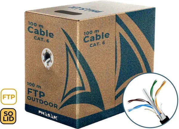 Bobina de cable de red exterior cca sólido en caja  ftp  cat. 6  100 metros phr 671