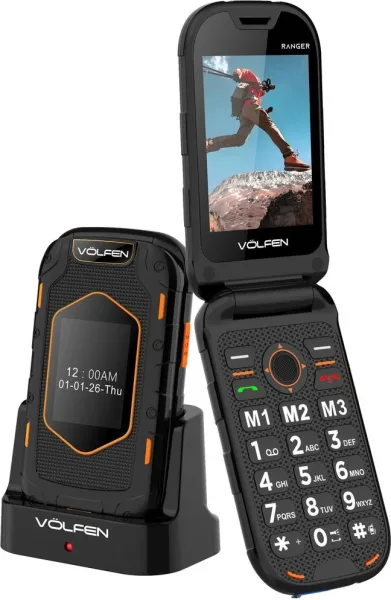 Telefono movil volfen ranger tipo concha negro - amarillo base de carga