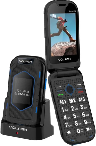 Telefono movil volfen ranger tipo concha azul base de carga
