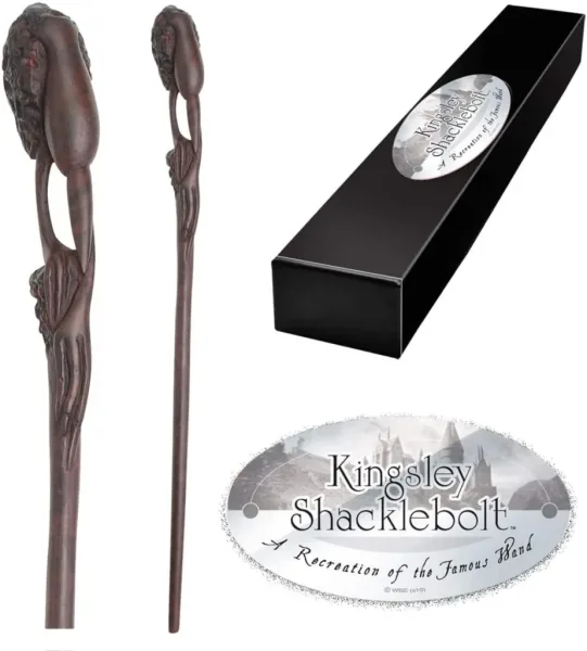 Replica the noble collection harry potter kingsley shaklebolt varita con caja y placa de identificacion