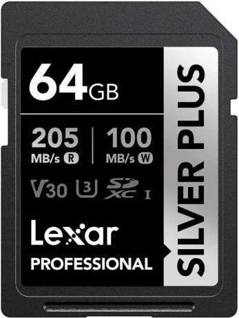 LEXAR 64GB PROFESSIONAL SILVER PLUS SDXC UHS-I CARDS,  UP TO 205MB/S READ 100MB/S WRITE C10 V30 U3