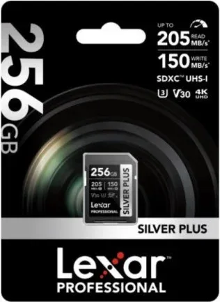 LEXAR 256GB PROFESSIONAL SILVER PLUS SDXC UHS-I CARDS,  UP TO 205MB/S READ 150MB/S WRITE C10 V30 U3