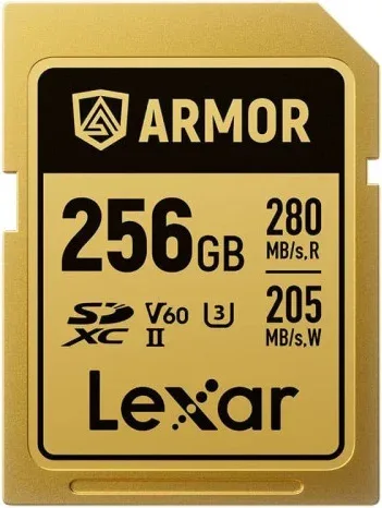 LEXAR 256GB PROFESSIONAL ARMOR GOLD SDXC UHS-II CARDS,  UP TO 280MB/S READ 210MB/S WRITE C10 V60 U3,STAINLESS STEEL CASING, IP68