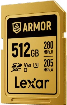 LEXAR 512GB PROFESSIONAL ARMOR GOLD SDXC UHS-II CARDS,  UP TO 280MB/S READ 210MB/S WRITE C10 V60 U3,STAINLESS STEEL CASING, IP68