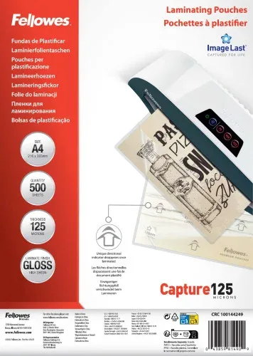 Pack 500 Fundas Plastificar 125 Micras Brillo A4 (216X303 Mm) Fellowes 100144249