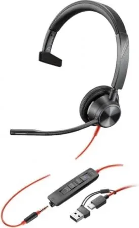Auricular Poly Blackwire 3315 para Microsoft Teams + Adaptador USB-C/A/ con Micrófono/ Jack 3.5/ Negro