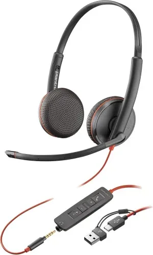 HP Poly Auriculares estéreo Poly Blackwire 3225 USB-C + Conector de 3,5 mm + Adaptador USB-C/A