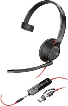 Auricular Poly Blackwire 5210 + Adaptador USB-C/A/ con Micrófono/ Jack 3.5mm/ Negro