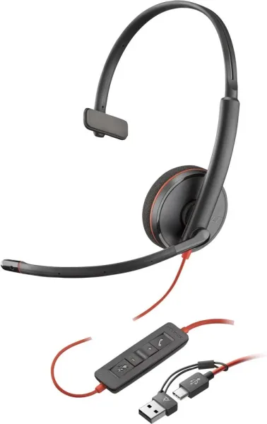 Auricular Poly Blackwire 3210 + Adaptador USB-C/A/ con Micrófono/ USB Tipo-C/ Bulk/ Negro