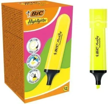 Caja de Marcadores Fluorescentes Bic Highlighter Flat Neón/ 12 unidades/ Amarillos
