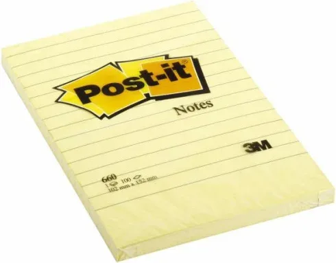 Bloc 100 Hojas Notas Grandes Adhesivas 101X152Mm Canary Yellow con Líneas 660 Post-It 7100172753