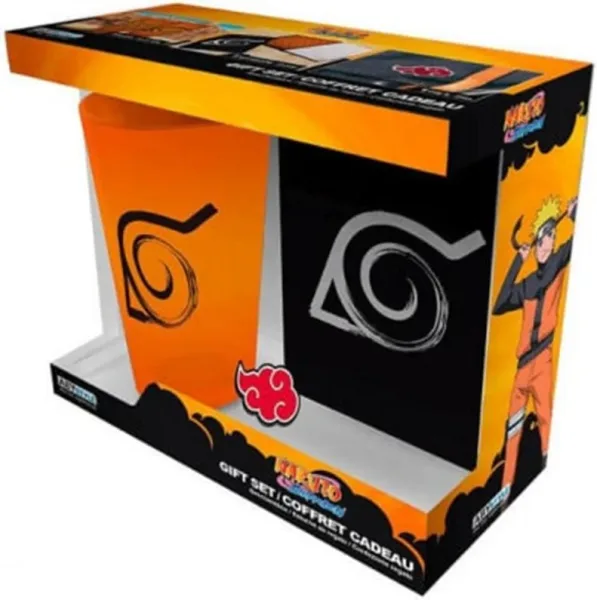 Pack especial abystyle naruto shippuden 3 articulos libreta konoha vaso largo xxl & pin akatsuki