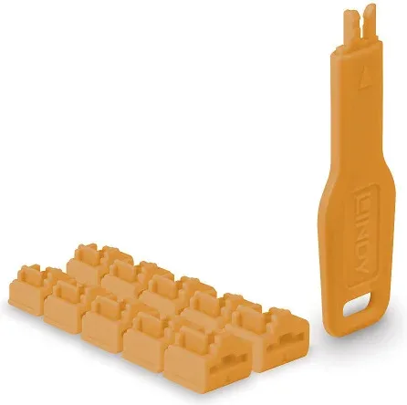 Lindy 47897 bloqueador de puerto Bloqueador de puerto + clave RJ-45 Naranja Acrilonitrilo butadieno estireno (ABS) 10 pieza(s)