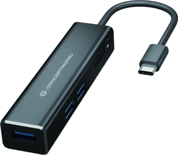Adaptador conceptronic usb tipo c a hub usb 3 puertos con lector de tarjetas