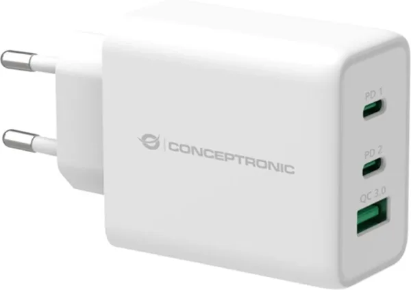 Cargador conceptronic carga rapida pd 1 puerto usb tipo a - 2 puertos usb tipo c - althea - 65w - blanco