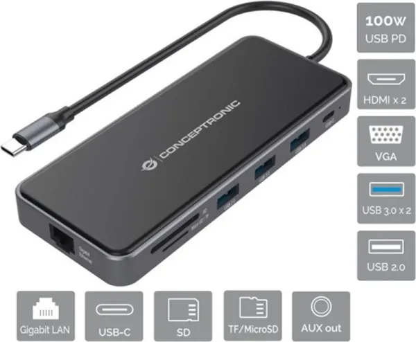 Adaptador conceptronic USB tipo c a gigabit ethernet rj45 -  HDMI -  VGA -  con hub USB 3 puertos -  USB tipo c -  lector de tarjetas