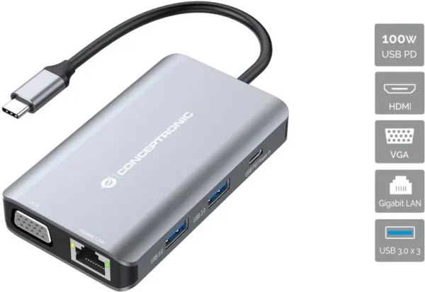 Docking station conceptronic donn21g 7 en 1 3 x usb 3.0 - 1 x hdmi - 1 x vga - 1 x rj45 - 1 x usb tipo c