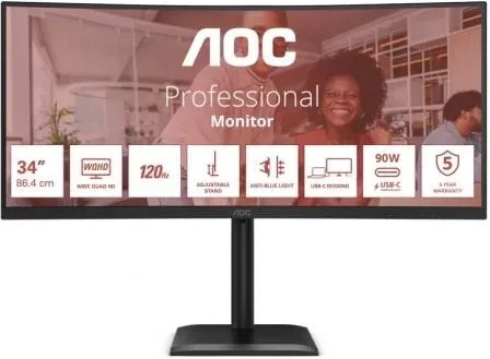 Monitor Profesional Ultrapanorámico Curvo AOC CU34E4CV 34"/ WQHD/ Multimedia/ Regulable en altura/ Negro