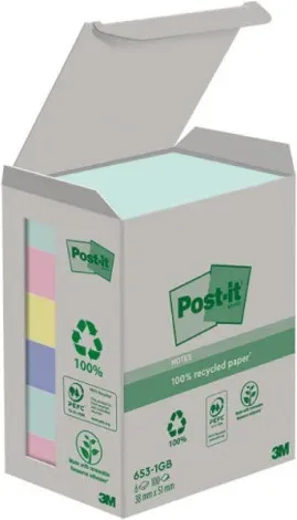 Pack 6 Blocs 100 Hojas Notas Recicladas Adhesivas 38X51Mm Colores Surtidos Caja Cartón 653-1GB Post-It 7100259445