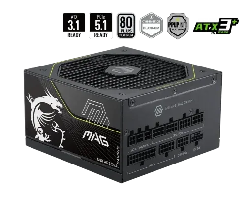 Fuente Alimentacion Msi Mag A1000Pls Pcie5,Psu,1000W,80 Plus Platinum,Modular,135Mm,Active Pfc,1Xpci-E 5 (12+4 Pin),4Xpci-E (6+2 Pin),8Xsata (15 Pin)