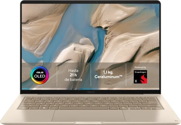 PORTATIL ASUS ZENBOOK 14 UX3480QA-U1223W SNAPDRAGON X1-26-100 16GB 256GB 14"OLED W11H BEIGE noAC