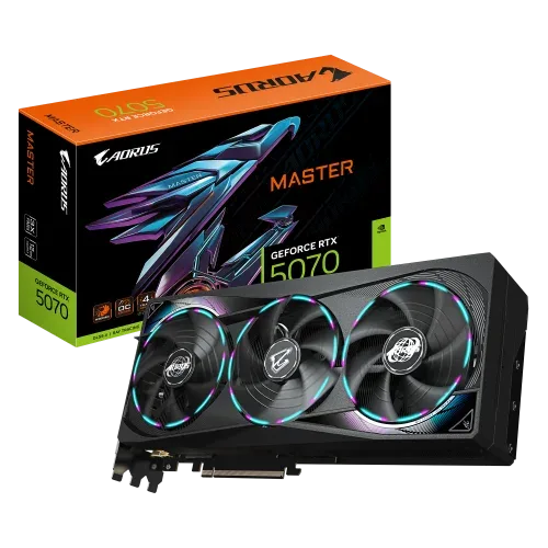 GIGABYTE AORUS GeForce RTX 5070 MASTER 12G Tarjeta Gráfica - 12GB GDDR7, 192 bits, PCI-E 5.0, XXXX MHz Core Clock, 3 x DP 2.1a, 1 x HDMI 2.1b, NVIDIA DLSS 4, GV-N5070AORUS M-12GD