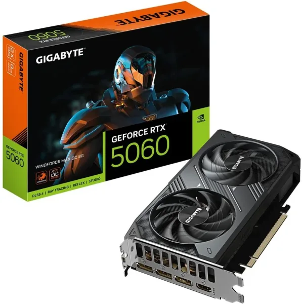 GIGABYTE GeForce RTX 5060 WINDFORCE MAX OC 8G Tarjeta Gráfica – 8 GB GDDR7, 128 bits, PCI-E 5.0, 2512 MHz Frecuencia del núcleo, 3 x DisplayPort, 1 x HDMI, NVIDIA DLSS 4, GV-N5060WF2MAX OC-8GD