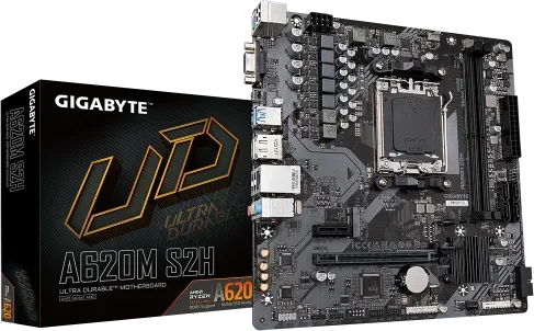 GIGABYTE A620M S2H Placa base - Soporta CPUs AMD Ryzen 8000, VRM digital de 5+2+2 fases, hasta 7200MHz DDR5 (OC), 1xPCIe 4.0 M.2, LAN GbE, USB 3.2 Gen 1