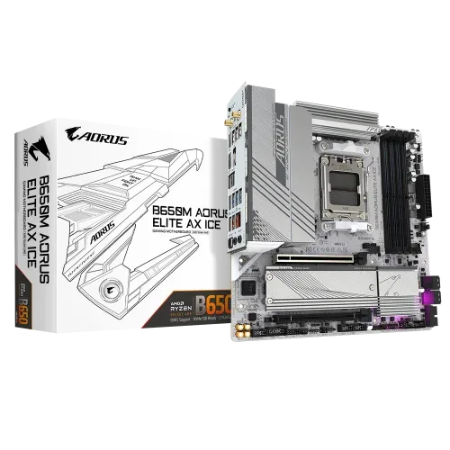 GIGABYTE B650M AORUS ELITE AX ICE Placa base - AMD Ryzen serie 9000, VRM de 12+2+2 fases, hasta 8000 MHz DDR5 (OC), 1xPCIe 5.0 + 1xPCIe 4.0 M.2, LAN 2,5 GbE, WIFI 6E, USB 3.2 Gen 2x2