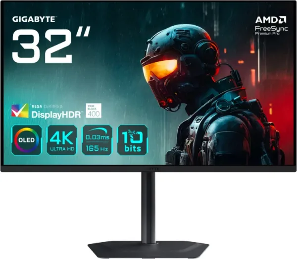 GIGABYTE MO32U 31,5" Monitor Gaming OLED 4K UHD - 3840 x 2160, 165Hz, 0.03ms, 250 cd/m², Display HDR True Black 400, HDMI 2.1, DisplayPort 1.4