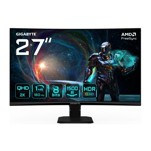 GIGABYTE GS27QCA 27" Monitor Curvo para Gaming QHD - 2560 x 1440, 180Hz, 1ms, 250 cd/m², FreeSync, HDR Ready, HDMI 2.0, DisplayPort 1.4