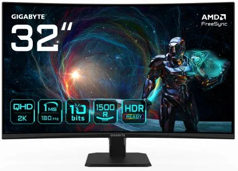 Monitor Gigabyte 32" Gs32Qca,Curvo,Va,2560X1440 (QHD),0.27Pp,3500:1,1Ms,180Hz,2Hdmi+1Dp