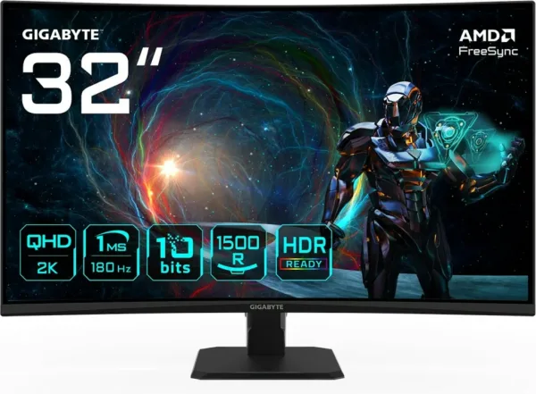 GIGABYTE GS32QCA 31.5" Monitor Curvo para Gaming QHD - 2560 x 1440, 180Hz, 1ms, 250 cd/m², FreeSync, HDR Ready, HDMI 2.0, DisplayPort 1.4