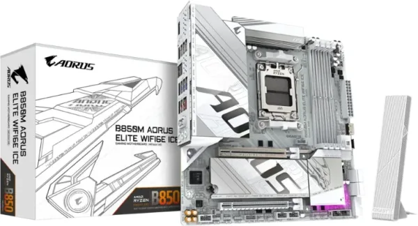 GIGABYTE B850M AORUS ELITE WIFI6E ICE Placa Base - Procesadores AMD Ryzen Serie 9000, 12+2+1 fases VRM digitales, hasta 8200MHz DDR5 (OC), 1xPCIe 5.0 + 1xPCIe 4.0 M.2, LAN 2.5, WiFi 7, USB 3.2 Gen 2