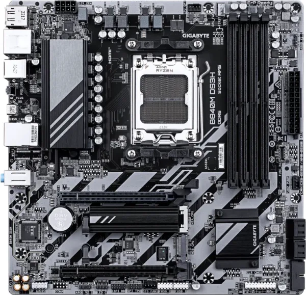 GIGABYTE B840M DS3H Placa base - Procesadores AMD Ryzen 9000, VRM de 8+2+2 fases, hasta 8200 MHz DDR5, 2xPCIe 4.0 M.2, LAN 2.5GbE, USB 3.2 Gen 1