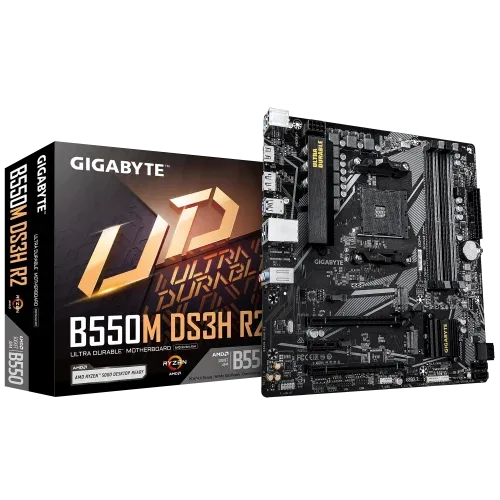 GIGABYTE B550M DS3H R2 Placa base - Procesadores AMD Ryzen 5000, VRM de 5+3 fases, hasta 4733 MHz DDR4 (O.C.), 1x M.2 PCIe 4.0 + 1x M.2 PCIe 3.0, LAN 1 GbE, USB 3.2 Gen 1