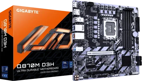 GIGABYTE Q870M D3H Placa Base – CPUs Intel Core Ultra (Serie 2), VRM de 4+1+2 fases, hasta 6400 MHz DDR5 (O.C), 2× M.2 PCIe 4.0, LAN 2.5 GbE, USB 3.2 Gen 2