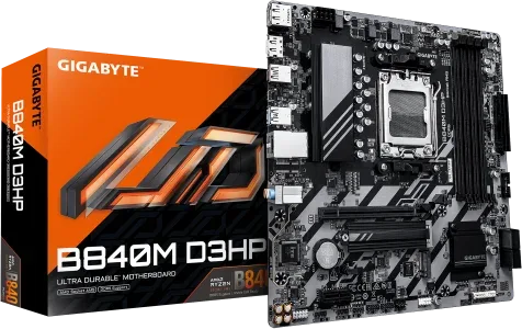 GIGABYTE B840M D3HP Placa Base – CPUs AMD Ryzen 9000, VRM de 8+2+2 fases, hasta 8200 MHz DDR5 (O.C.), 2× M.2 PCIe 4.0, LAN 1 GbE, USB 3.2 Gen 2