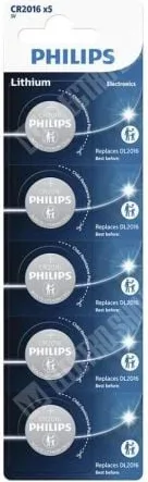 Pack de 5 Pilas de Botón Philips CR2016P5/01B Lithium/ 3V