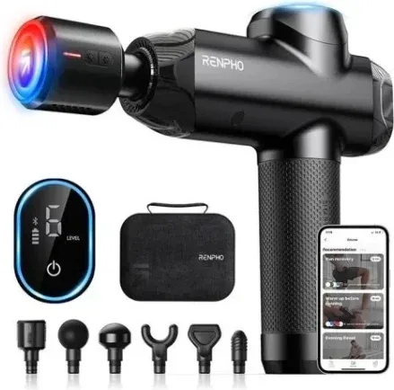 Renpho Power+ - Massage Gun - 6 Massage Heads & 6 Speeds - Ble - 12Mm Amplitude - Black, Connected To The App (Instant Heat & Cooling Head)
