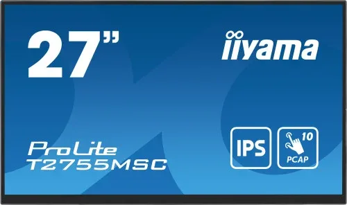Monitor Iiyama 27" IPS Bonded Pcap 10P Touch, 1920X1080, Flat Bezel Free Glass Front, HDMI, DisplayPort, 360Cd/M², USB Hub 2X 3.2, Speakers, Built-In Webcam & Microphone, Bookstand (T2755Msc-B1)