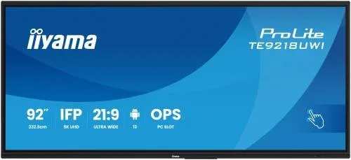 Monitor Iiyama 92" Uw5K 5120X2160, Iiware11, Andr 13, 50-Pts,Mm 2X 16W + 16W Sw, Micro  8X, Hdmi4X, HDMI-Out, USB-C 2X,M-Jack, Opt,450Cd, Landsc, Med Play USB, Lan 2X, Rs232C,  WiFi/Bt, Vesa 800X600 (Wallm Inc), Slot Pc (5K Support) (Te9218Uwi-B1Ag)