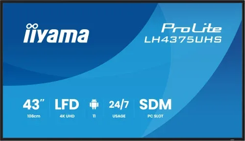Monitor Iiyama 43" (Lh4375Uhs-B2Ag) Android 11 / 3844X2160 (4K UHD) / Operacion 24/7 /500Cd / Landsc. y Portrait / 3Xhdmi / Dp / Rj45 / Vesa 400X400 / Altavoces 2X10W