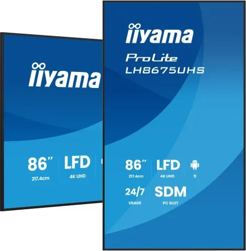Monitor Tactil Iiyama 86" 3840X2160, UHD Va, 500Cd/M2, Horiz Vert,Failover, Mm 2X 10W, HDMI 3X, Dp, Dp-Out, USB 2.0 X2, WiFi, Lan, Media Play USB, Lan / Rs232C, Iisignage2, Iishare, Iicontrol Android 11, Pc-Slot Sdm-L, 24/7, Vesa 600X400 (Lh8675Uhs-B