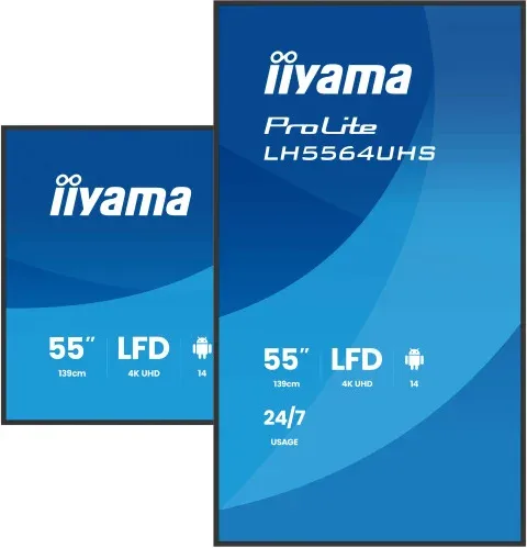 IIYAMA MONITOR 55" 3840x2160, UHD VA DLED  500cd/m, HORIZ Y VERT, MM 2x 10W, 2x HDMIx 1x USB-C, USB 2.0 x2, WiFi, LAN, Media Play USB Port, Control LAN / RS232C, Android 14 OS, 24/7 Operation, VESA Mount 400x400 - wallmount included (LH5564UHS-B1AG)