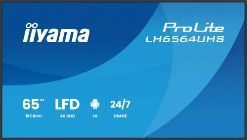 Monitor Iiyama 65" 3840X2160, UHD Va Dled Panel, Haze 25% 500Cd/M², Landscape And Portrait, Speakers 2X 10W, 2X Hdmix 1X USB-C , USB 2.0 X2, WiFi, Lan, Media Play USB Port, Control Lan / Rs232C, Iisignage2 (Cms/Dms), Android 14 (Lh654Uhs-B1Ag)