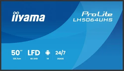 IIYAMA MONITOR 50" 3840x2160, UHD VA DLED  500cd/m, HORIZ Y VERT, MM 2x 10W, 2x HDMIx 1x USB-C, USB 2.0 x2, WiFi, LAN, Media Play USB Port, Control LAN / RS232C, Android 14 OS, 24/7 Operation, VESA Mount 400x300 - wallmount included (LH5064UHS-B1AG)