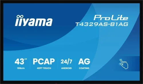 MONITOR IIYAMA 43" ALL-IN-ONE PCAP INTERACTIVE/ ANDROID 14 OS/ 3840 x 2160/ 450CD/M² WITH TOUCH/ HDMI X2 + USB-C/RS-232C X1/ WiFi 5 - 2.4G / 5G/ RAM: 4GB, ROM: 32GB/ TOUCH THROUGH-GLASS (T4329AS-B1AG)