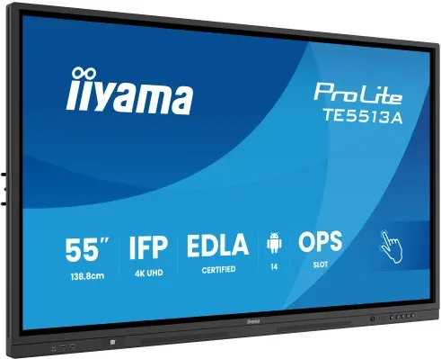 Iiyama 55" (Edla)/Android 14,8 Core SoC, 8/128GB, 40-Pts  UHD , NFC, Pir , Mm 2X20W +20W Sbuw, 2Xhdmi, USB-C / HDMI,Dp, 2Xusb-C100W Pd/Mini-Jack / Opt.out, 450Cd/M2, L/S Mode, Ag Glass, Lan, Wifi6, Bt5.0/Iiware, Pc Slot,400X400 (Wm Incl.) (Te5513A-B2